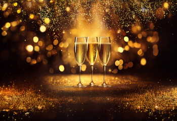 Three champagne flutes filled to the brim stand on a golden surface. The background features a bokeh effect of scattered lights and a golden glow.