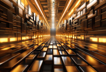 Poster - A long, narrow, metallic corridor illuminated by bright, golden lights.