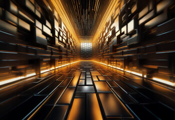 Poster - A long, narrow hallway with a glowing light at the end. The walls are made of reflective, metallic tiles, and the floor is made of textured, black tiles.