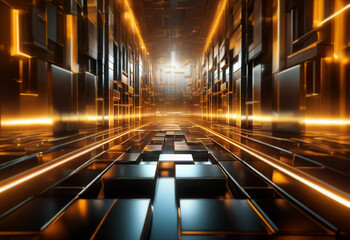 Poster - A futuristic corridor with a glowing, bright light at the end, surrounded by metallic walls and floor.