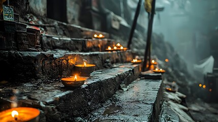 Karthigai Deepam a Hindu festival celebrated in Tamil Nadu India where glowing lamps are lit on the temple steps creating a mesmerizing and spiritual atmosphere during this auspicious