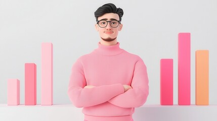 Confident young man in pink sweater standing proudly with rising graphs representing business growth and success