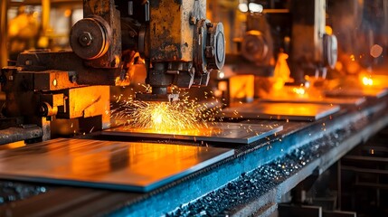 Aufkleber - Metal sheets being formed and shaped by hydraulic press machines in an industrial manufacturing facility  The metal material is being compressed stamped