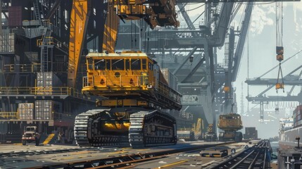 A Yellow Crane Moving Cargo at a Busy Industrial Port