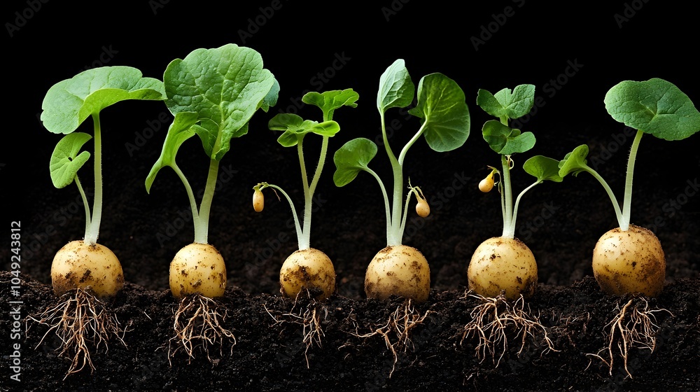 Potato plant growth stages with visible sprouts and roots emerging from ...