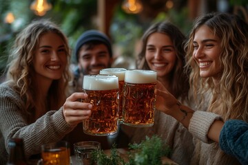 Friends celebrating together with large mugs of beer at a cozy outdoor bar in the evening