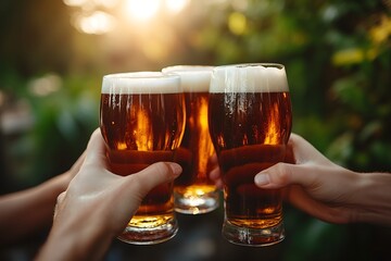 Cheers to friendship as people toast with craft beers in a warm sunset setting outdoors