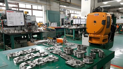 Leinwandbilder - Precision Engineered CNC Machine Cutting and Shaping Aluminum Sheet Metal Parts in an Industrial Manufacturing Workshop