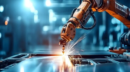 Aufkleber - Robotic arm precisely placing metal sheets onto a conveyor belt production line in a modern industrial factory setting  Automated manufacturing and workflow efficiency concept