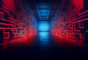 A glowing blue orb illuminates the end of a dark, narrow corridor lined with red and blue glowing maze patterns.