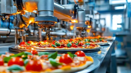 Aufkleber - Robotic arms precisely placing toppings on pizza dough in an automated high tech production line within a modern efficient food manufacturing facility