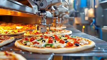 Aufkleber - Robotic arms precisely placing various pizza toppings on an automated production line highlighting the efficiency and innovation of modern food manufacturing processes