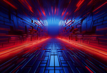 A glowing tunnel with blue and red neon lights creates a vibrant, futuristic landscape.