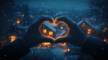 Two hands forming a heart shape against a dark winter night background