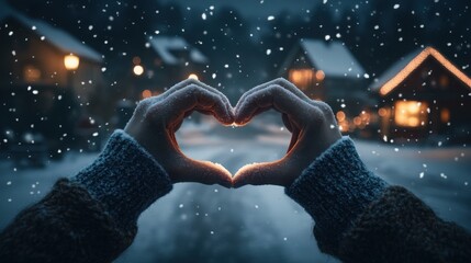 Two hands forming a heart shape against a dark winter night background, with soft snowflakes gently falling