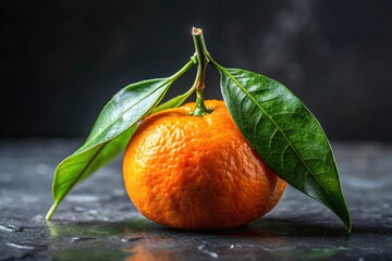 Fresh mandarin fruit with leaves on dark background