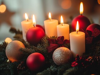 Aufkleber - Festive Holiday Arrangement with Lit Candles and Ornaments on Evergreen Wreath : Generative AI