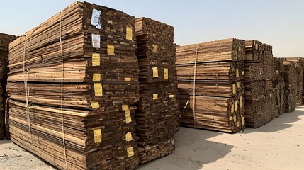 Poster - Stacks of bundled plywood sheets stored and prepared for export and shipment in a large industrial warehouse or distribution center