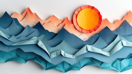 Wall Mural - abstract paper art depicting a mountain range with a setting sun
