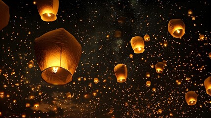 Poster - Stunning aerial view of the Yi Peng Lantern Festival in Chiang Mai Thailand where thousands of colorful paper lanterns are released into the night sky creating a mesmerizing and spiritual atmosphere