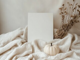 Poster - Minimalist Autumn Cozy Scene with White Pumpkin and Blank Canvas Background : Generative AI