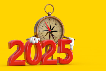 Poster - Antique Vintage Brass Compass Cartoon Person Character Mascot with Red 2025 New Year Sign. 3d Rendering