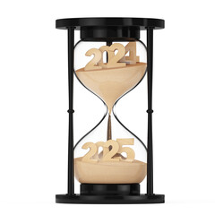 Aufkleber - New 2025 Year Concept. Sand Falling in Hourglass Taking the Shape from 2024 to 2025 year. 3d Rendering