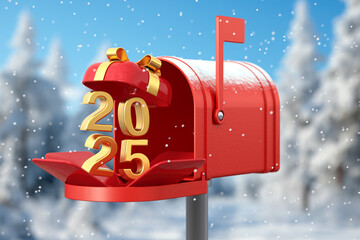 Poster - Red Happy New Year 2025 Sign in Gift Box with Christmas Mailbox or Letter Box. 3d Rendering