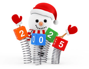 Poster - New Year Concept. Snowman near Christmas Spring Cubes with 2025 New Year Sign. 3d Rendering