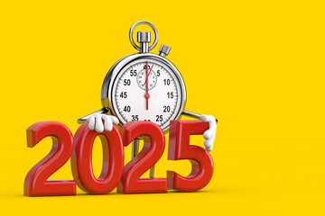 Poster - Modern Stopwatch Cartoon Person Character Mascot with Red 2025 New Year Sign. 3d Rendering