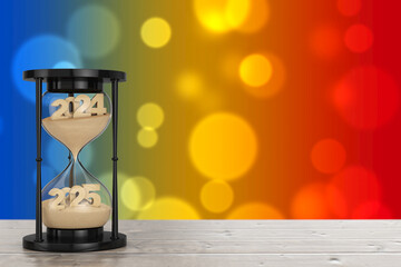 Aufkleber - New 2025 Year Concept. Sand Falling in Hourglass Taking the Shape from 2024 to 2025 year. 3d Rendering