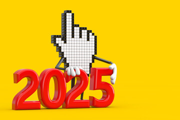 Leinwandbilder - Pixel Hand Cursor Mascot Person Character with 2025 New Year Sign. 3d Rendering