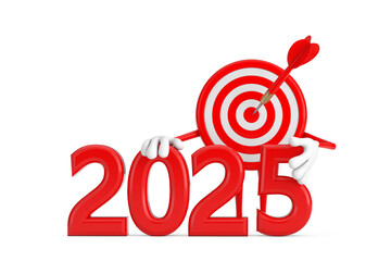 Leinwandbilder - Archery Target and Dart in Center Cartoon Person Character Mascot with Red 2025 New Year Sign. 3d Rendering