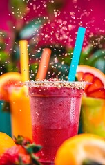 Poster - Vibrant Strawberry Smoothie with Straw and Garnish Surrounded by Fresh Fruits and Sprinkles : Generative AI
