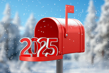 Poster - Red Happy New Year 2025 Sign in Christmas Mailbox or Letter Box. 3d Rendering