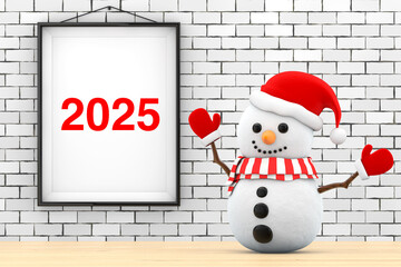 Aufkleber - Snowman in front of Brick Wall with Frame 2025 Sign. 3d Rendering
