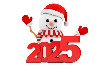 Poster - Snowman in Santa Claus Hat Character Mascot with New Year 2025 Sign. 3d Rendering
