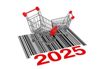 Aufkleber - Two Empty Shopping Carts over Abstract Bar Code with New 2025 Year Sign. 3d Rendering