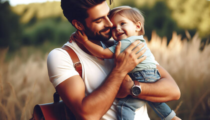 A happy family enjoying a fun day in the park, with a couple and their child smiling together in the summer sunshine