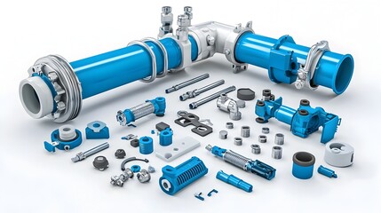 Poster - Variety of PVC plumbing fittings and connectors including elbows tees unions couplings and adapters arranged on a plain white background  These components are essential for constructing repairing