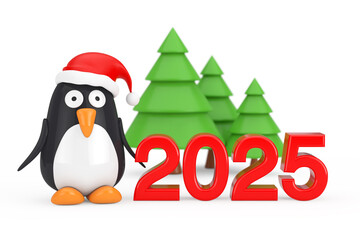 Aufkleber - Green Trees and Cartoon Penguin Character with Santa Hat near 2025 New Year Sign. 3d Rendering