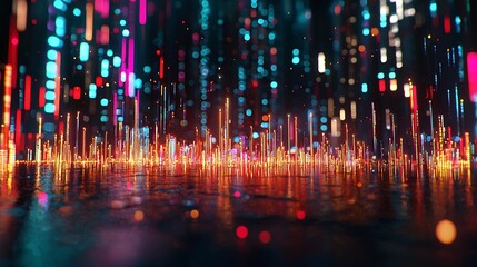Poster - Vibrant Digital Lights in a Dynamic Abstract Cityscape Setting Against a Reflective Surface : Generative AI