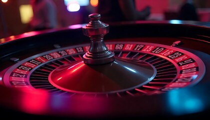 view of a roulette wheel with spinning red and black numbers, illuminated by colorful neon lights against a dark background created with generative ai