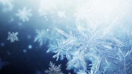 Aufkleber - Delicate Snowflakes Against a Cold Winter Blue Background : Generative AI