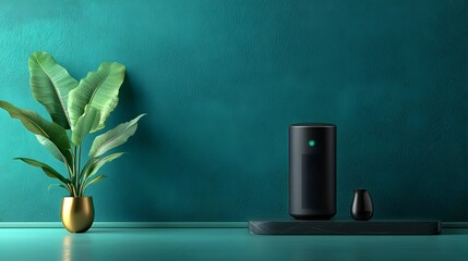 Aufkleber - Voice Activated Smart TV with Integrated Virtual Assistant and Nature Inspired Decor in Contemporary Minimalist Living Room Setting