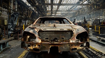 Leinwandbilder - Welded metal sheets and panels forming automotive parts and components in an industrial manufacturing workshop or factory setting