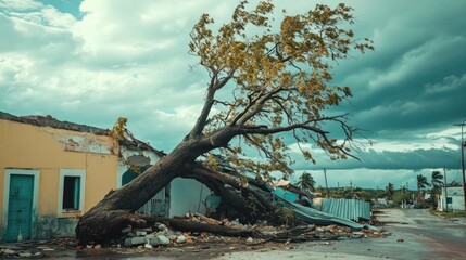 A damaged tree leans against a ruined building under a stormy sky, highlighting environmental impact.