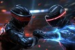 © Thanyarat - A 3D-rendered image of two characters taking turns in a competitive virtual reality combat arena, with vibrant digital effects and holographic scenery