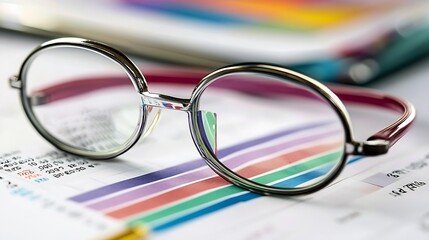Fototapete - CloseUp of Eyeglasses on Business Financial Charts with Colorful Graphs and Reports : Generative AI