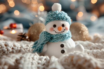 Sticker - Cute Snowman with Wool Hat and Scarf in Snowscape with Bokeh Lights, Perfect for Winter Holiday Christmas Background Banner